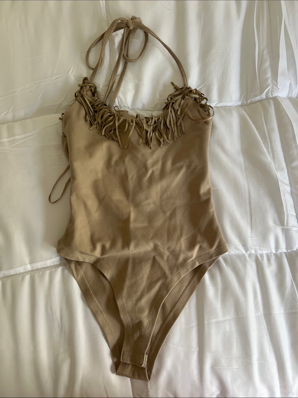 Edikted Tan Fringed Halter Bodysuit